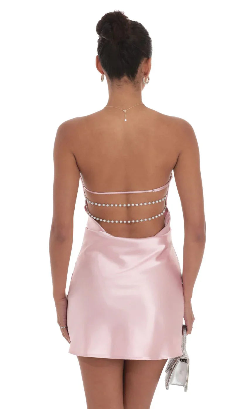 Satin Pearl Open Back Dress in Pink