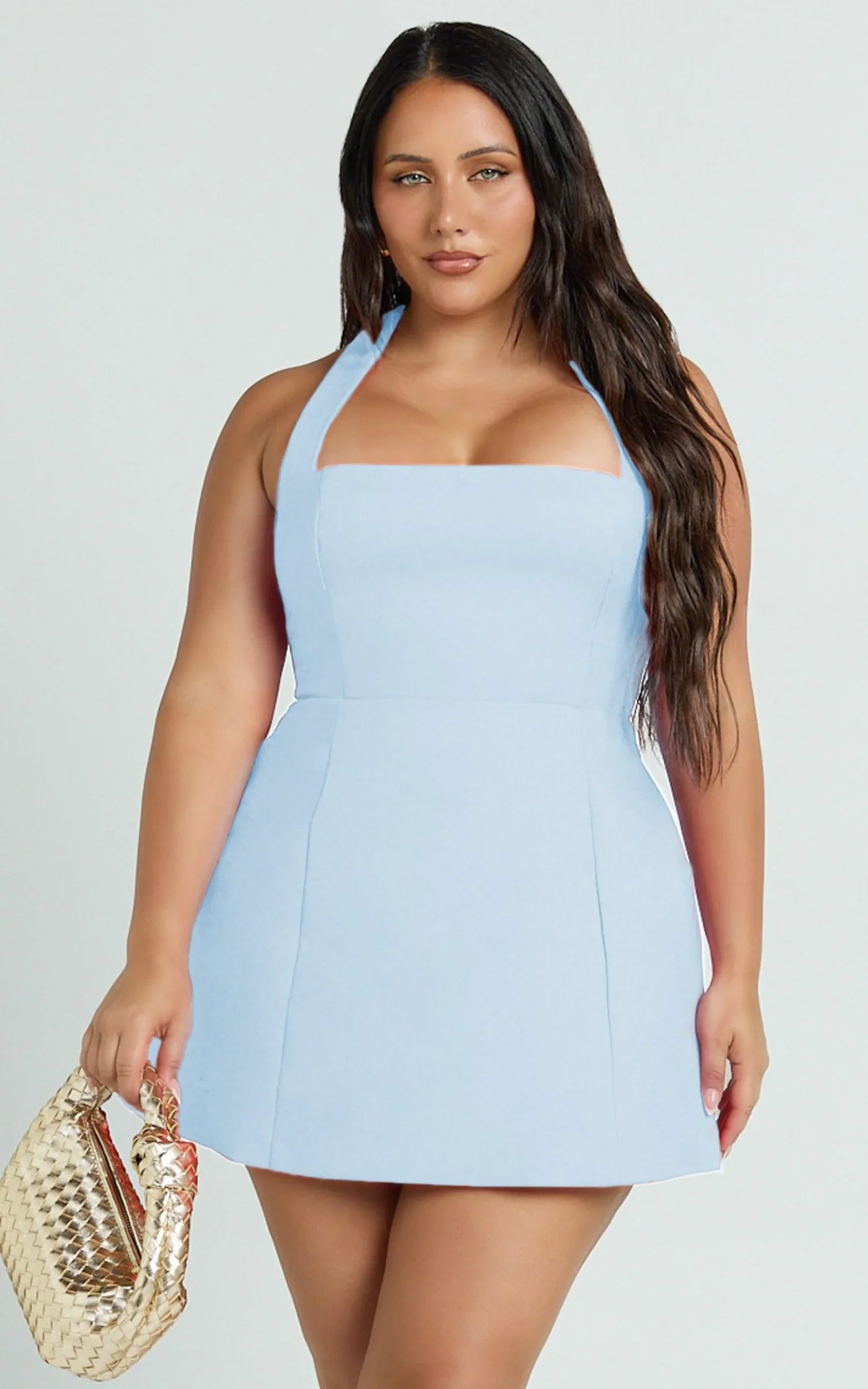 Dante Mini Dress - Halter Neck Tie Tulip Skirt Dress in Soft Blue
