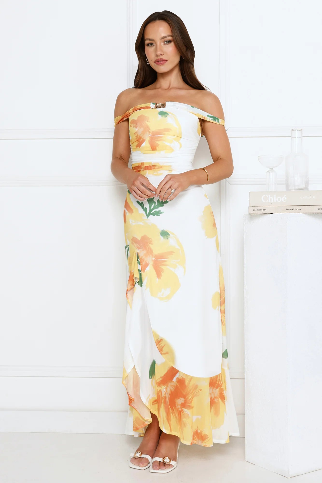 Crown Affair Off Shoulder Mesh Maxi Dress White